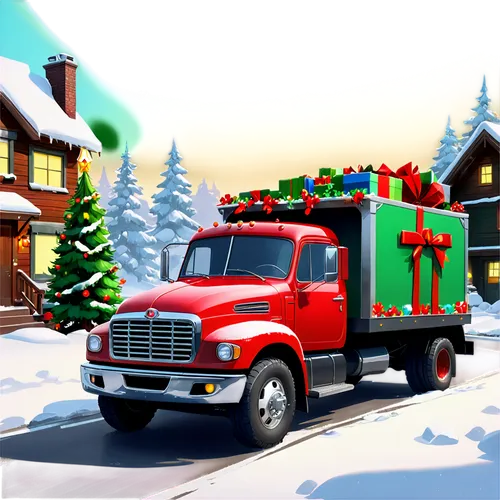 Christmas truck, festive lights, snowflakes falling, red nose, shiny chrome bumper, green wreath on grille, Santa hat on roof, wrapped gifts in bed, wooden side panels, snowy road reflection, morning 