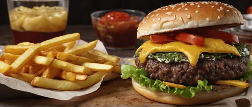 Create a scene where a hamburger and fries are the star of a gourmet meal.,row burger with fries,cheese burger,cheeseburger,burger and chips,burger,burguer,food photography,buffalo burger,burger emoti