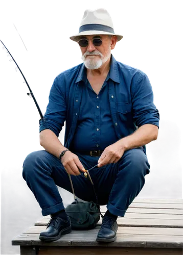 Old man, fishing hat, white beard, sunglasses, casual clothing, holding fishing rod, relaxed posture, sitting on wooden dock, early morning, misty atmosphere, calm lake water, ripples from fish, warm 