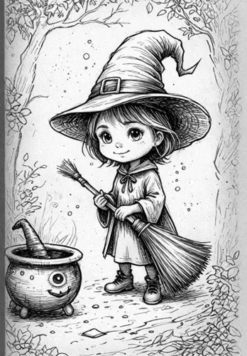 : Design Sketch-Rough Outline ,a drawing of a girl dressed as a witch in front of a cauld,schierke,schierholtz,schierstein,witch,halloween witch,mabon,Design Sketch,Design Sketch,Detailed Outline