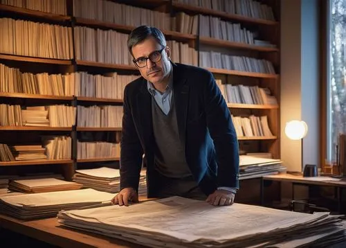 Modern architect, middle-aged man, bespectacled, short black hair, formal attire, holding blueprints, standing in front of a large wooden desk, surrounded by shelves filled with architectural records,