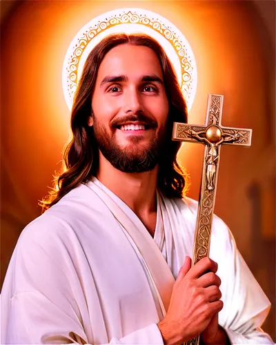 Jesus Christ, holy, divine, long white robes, golden halo, gentle eyes, kind smile, soft beard, holding cross, standing, sacred, ornate background, warm lighting, cinematic composition, shallow depth 