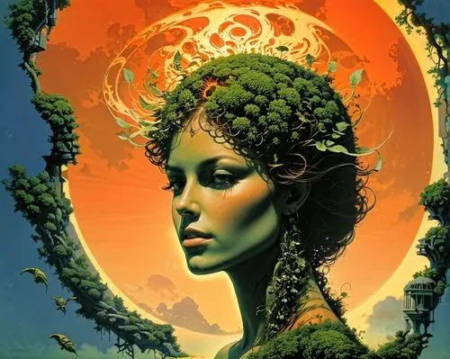 dryad,mother earth,anahata,mother nature,fractals art,the enchantress,gorgon,mother earth statue,artemisia,medusa,background ivy,sorceress,tree crown,poison ivy,faerie,faery,secret garden of venus,earth chakra,priestess,fantasy woman