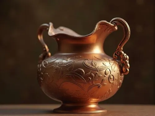 Copper material, luxurious vase, elegant curves, intricate patterns, polished surface, reflective shine, ornate details, Victorian style, antique finish, rich brown color, subtle sheen, soft warm ligh