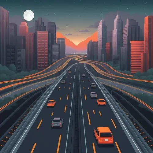 warm and deep spring botanical  gradient colors, asphalt grey highway, light and dark silver glass reflective skyscrapers, cityscape, night, stars moon, matte and vibrant,a city with road lights, cars