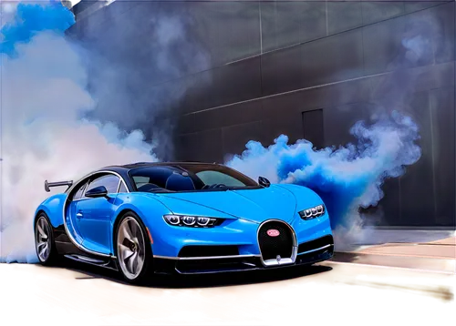 Bugatti Chiron, luxury sports car, sleek design, carbon fiber body, metallic blue paint, silver wheels, low-angle shot, 3/4 composition, dramatic lighting, smoke effect, dynamic pose, speeding motion,