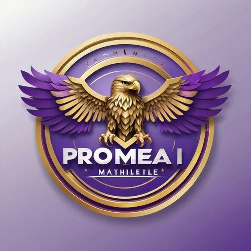 custom purple and gold Logo for Promeai on the theme of a certificate for a mathlete, with a eagle in the center,pioneer badge,social logo,proa,logo header,pomade,medical logo,company logo,promontory,