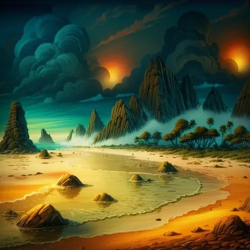 dune landscape,alien planet,volcanic landscape,lunar landscape,fantasy landscape,alien world,Illustration,Abstract Fantasy,Abstract Fantasy 19