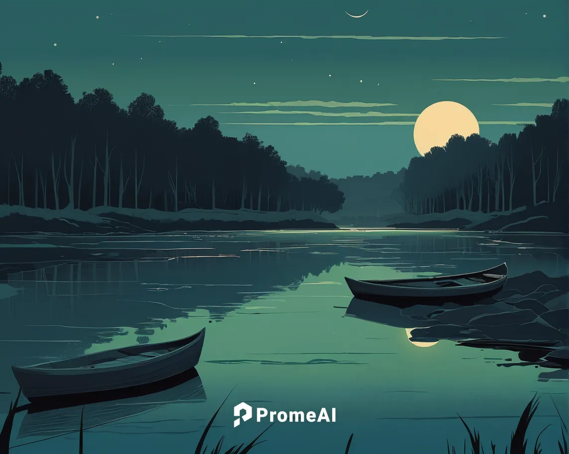 Expressionistic Marsh:  Moon River,evening lake,boat landscape,canoeing,swampy landscape,calm water,fishing float,canoe,moonlit night,calm waters,tranquility,backwater,calming,river landscape,the nigh