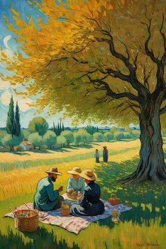 Generate a Van Gogh style painting cheerful day at a sunny fields, van gogh and his wife having a picnic with  their children under a massive tree, an unfinished paint art waiting there,picnic,picnick