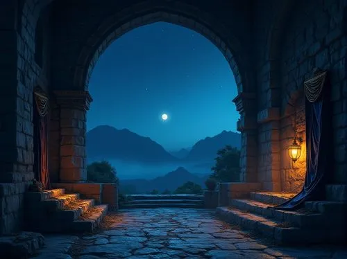 theed,kotor,khandaq,portal,labyrinthian,fantasy picture,moonlit night,ramadan background,dusk background,the mystical path,night image,fantasy landscape,entrada,doorway,dusk,gateway,moonlit,world digital painting,dagestanis,night scene,Photography,General,Realistic