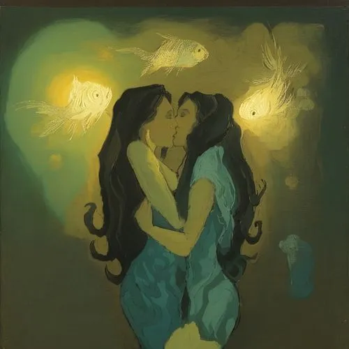 a painting of two people emcing with a small goldfish in the background,tretchikoff,kisling,cocorosie,garamantes,sapphic,lesbos,Art,Classical Oil Painting,Classical Oil Painting 14