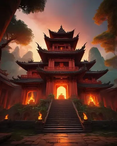 hall of supreme harmony,world digital painting,tianxia,cartoon video game background,asian architecture,firelands,buddhist temple,shizhong,khwarezmid,jinchuan,qibao,shaozhong,dalixia,victory gate,white temple,rongfeng,taoist,hanging temple,ancient city,fire background,Illustration,Paper based,Paper Based 07