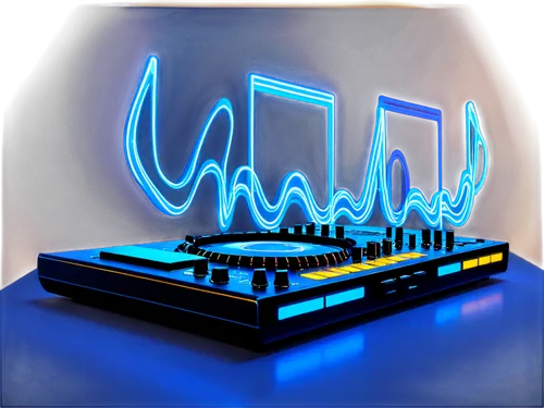 Music note, free download, royalty-free, electronic genre, futuristic synthesizers, neon lights, dark blue background, 3D sound waves, DJ console, headphones, mixing equipment, studio setting, soft fo