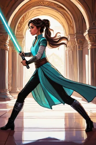 cg artwork,lightsaber,swordswoman,jedi,princess leia,heroic fantasy,quarterstaff,baton twirling,mulan,tiana,sci fiction illustration,fantasia,elsa,jasmine,games of light,laser sword,solo violinist,bow