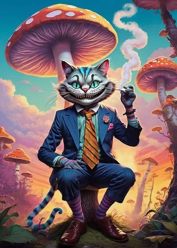 Mischievous Cheshire Cat, smiling, sitting, leaning against a giant mushroom, wispy white smoke, vintage pipe, bright colorful tattoos on arms, striped socks, worn-out loafers, psychedelic background,