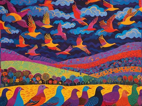 flock of birds,birds in flight,bird migration,colorful birds,flying birds,birds flying,group of birds,the birds,bird flight,birds singing,migratory birds,a flock of pigeons,songbirds,bird painting,migration,flock home,bird kingdom,birds,flock,wild birds,Conceptual Art,Oil color,Oil Color 14