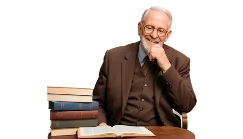 Moral lessons, old man, wise face, white beard, glasses, book in hand, brown suit, sitting, gentle smile, warm lighting, shallow depth of field, 3/4 composition, wooden table, leather-bound book, soft