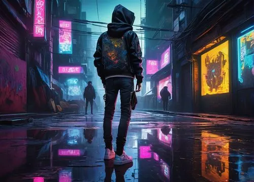 cyberpunk,walking in the rain,pedestrian,girl walking away,alleyway,alley,world digital painting,urban,neon arrows,colorful city,cyber,2d,sidewalk,a pedestrian,vapor,neon,in the rain,suburb,rainy,graffiti,Conceptual Art,Sci-Fi,Sci-Fi 08