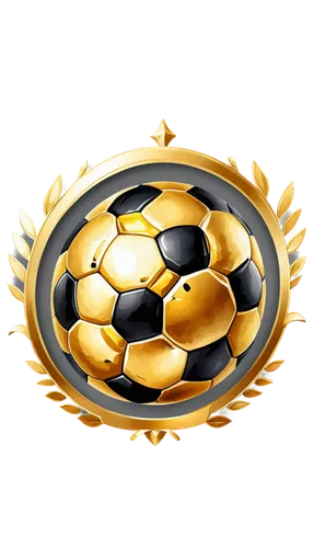 Soccer ball logo, golden trophy, shiny metal, circular shape, detailed texture, 3D effect, dynamic composition, low-angle shot, dramatic lighting, bold font, team emblem, championship badge, luxurious