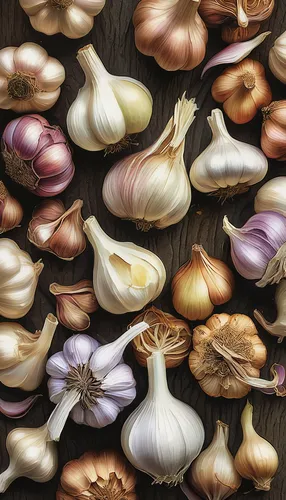 Imagine a bustling farmers market selling an array of garlic cloves.,cloves of garlic,garlic cloves,garlic bulbs,clove garlic,shells,molluscs,clove of garlic,watercolor seashells,snail shells,mollusks