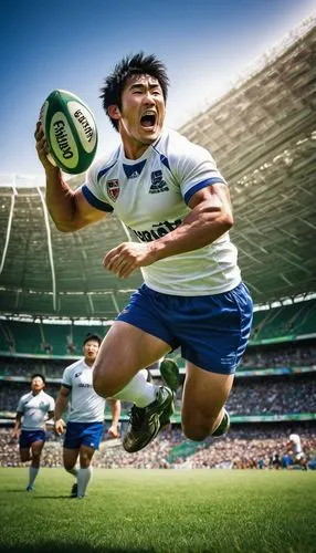 Rugby player, athletic build, muscular arms, strong legs, rugged facial features, messy short hair, sweaty forehead, white rugby jersey, blue shorts, spiked shoes, holding rugby ball, running, jumping