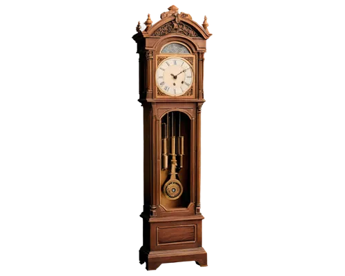 Antique clock, intricately carved wooden frame, roman numerals, golden hour and minute hands, ornate details, grandfather clock, standing upright, soft warm lighting, shallow depth of field, 3/4 compo