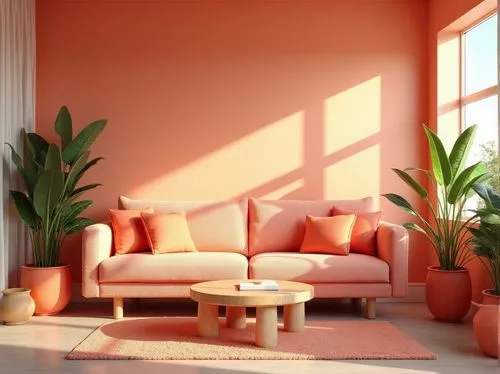 defence,soft furniture,peach color,warm colors,orange,3d render,houseplant,sofa set,house plants,living room,3d rendering,sunroom,modern decor,sitting room,houseplants,wall,livingroom,salmon pink,home corner,furnishing,Photography,General,Realistic