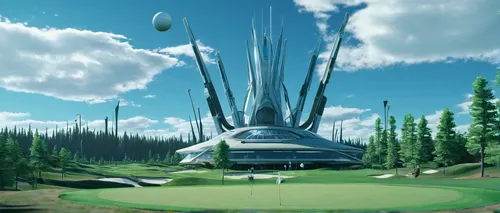 futuristic landscape,feng-shui-golf,golf course background,the golfcourse,devil's golf course,golf hotel,golf resort,golfcourse,golf landscape,futuristic architecture,the golf ball,golf club,golf course,golf hole,golf courses,alien ship,alien world,sky space concept,golf ball,the golf valley,Illustration,Japanese style,Japanese Style 13