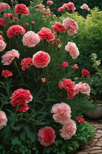 Arrange carnations in a serene garden with soft lighting for a calming atmosphere.,dianthus,ranunculus red,dianthus barbatus,pink carnations,spring carnations,red carnations,geraniums,zinnias,moss ros