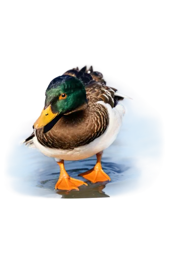 Duck, white feathers, yellow beak, bright eyes, swimming posture, rippling water, shiny scales, green head, orange legs, webbed feet, soft sunlight, 3/4 composition, shallow depth of field, warm color