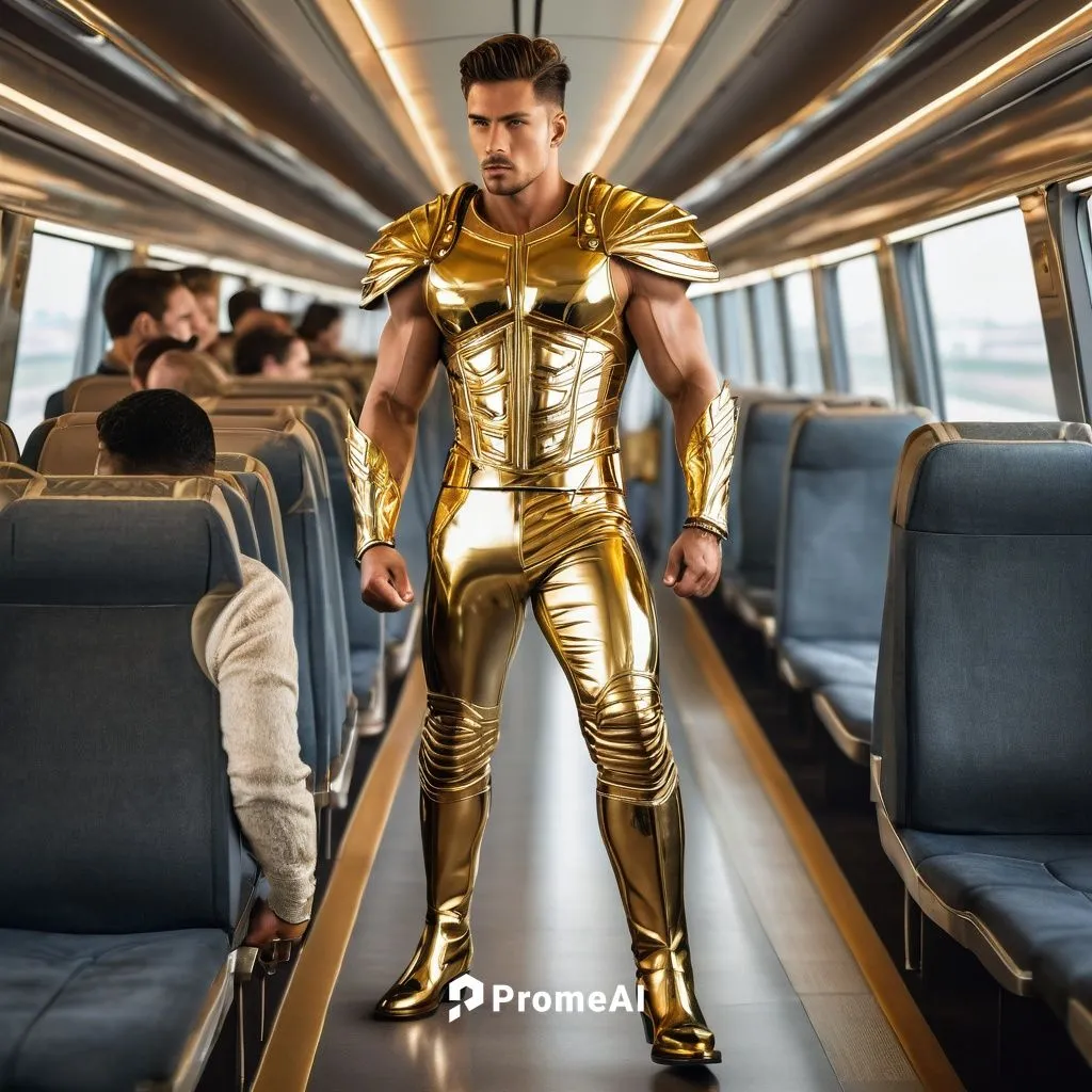 A son of Apollo as a full god, wearing gold metal pants, gold metal vest and gold metal boots, with powerful muscles, insanely handsome, on a high speed train
,atlantean,goldtron,goldmen,capitan,golcu