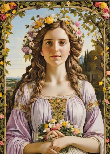 A stunning, intricate painting in the style of Sandro Botticelli, depicting a young woman reminiscent of spring from the painting of the same name. A woman in an elegant Renaissance dress decorated wi