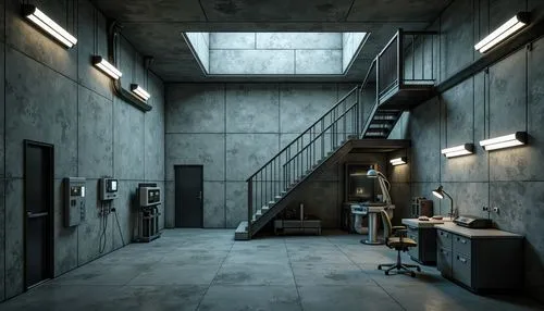 Rough-exposed concrete walls, brutalist laboratory architecture, industrial-style lighting fixtures, metal staircase, minimalist decor, raw unfinished textures, cold atmospheric ambiance, dramatic sha