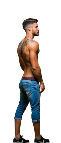 Muscular man, back tattoo, solo, (25yo), detailed tribal pattern, bold lines, vibrant colors, ripped shirtless torso, low-rise jeans, sneakers, confident pose, standing, 3/4 composition, dramatic ligh