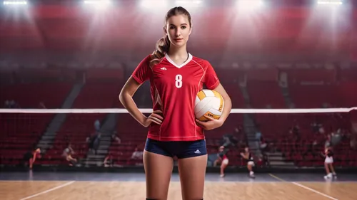 Young woman wearing a red volleyball uniform is standing holding a volleyball.,voleibol,volleyballer,women's handball,volleyball,volleyball size,handballer,sports girl,korfball,takraw,sportswoman,voll