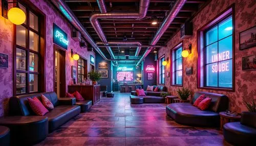 neon coffee,neon cocktails,rosa cantina,colored lights,patios,hallway,corridor,baoli,nightclub,lobby,hotel lobby,neon drinks,piano bar,arcade,ufo interior,corridors,cantina,arcades,a restaurant,coffeeshop