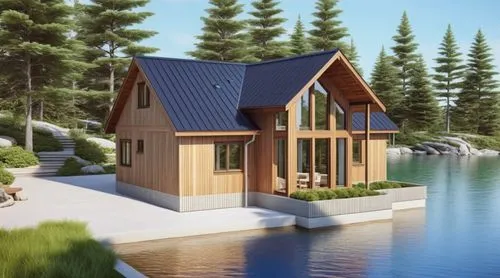 house with lake,small cabin,summer cottage,house by the water,floating huts,inverted cottage,Photography,General,Realistic