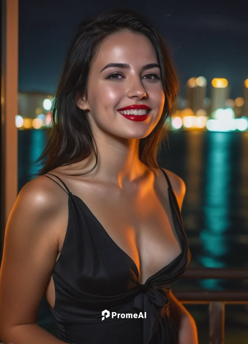 a portrait half body of a beautiful caucasian girl 26 years old, smiling, red lips, black hair wearing a black dress in a balcony front to sea in miami in the night as background in 4k,social,photo se