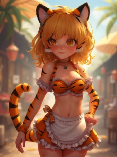 there is a girl that is dressed up as a cat,tiger cub,tigerle,tiger,chestnut tiger,asian tiger,tigerish