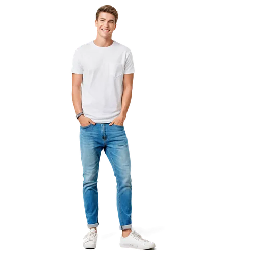 t-shirt models, young adult, male, athletic build, short hair, no glasses, casual smiling face, white t-shirt, slim fit, short sleeves, denim jeans, sneakers, hands in pockets, relaxed posture, 3/4 co