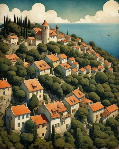 Classic illustration, realistic, Art Noveau style, Mucha style, beautiful, medieval village in a small hilll, near de sea, medieval, trees pine trees, correct geometry, ,sveti stefan,dubrovnik city,la