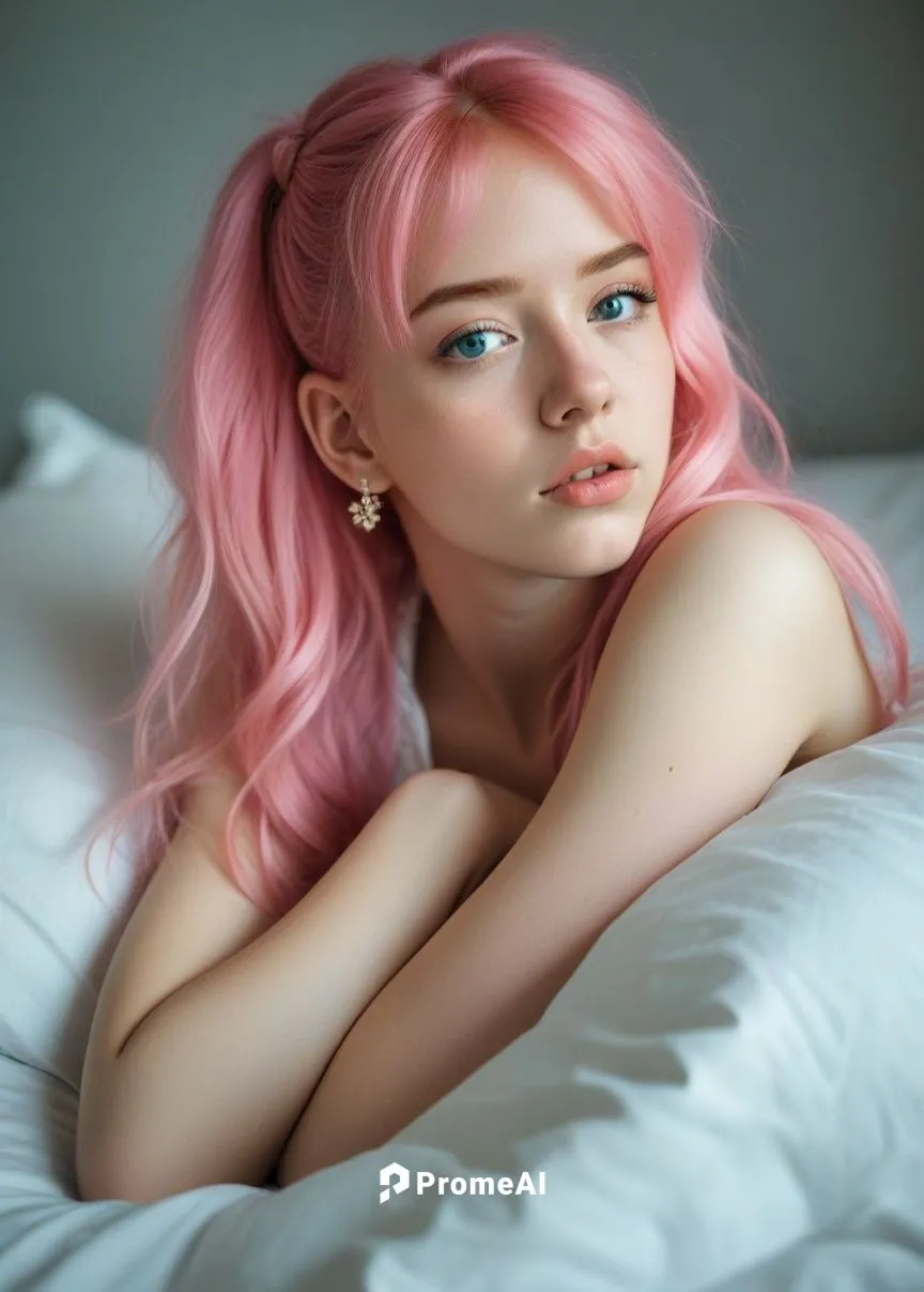 a  woman with bright pink hair laying on top of a bed,pink beauty,pink hair,natural pink,neopolitan,soft pink,color pink