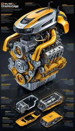 an industrial design sketch (construction plan)of a beautiful 2.6 liter Chevrolet Ilmor V6 engine (Chevrolet R6) alien advanced concept model, futuristic style with all the data related to its constru