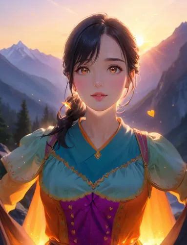 the sky is ablaze with oranges and pinks as a delicate caucasian girl with long, flowing black hair, warm brown eyes, and piercing orange eyes stands tall in the heart of an ancient mountain range. Th