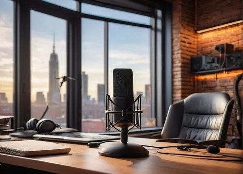 Modern podcast studio, minimalist interior design, wooden acoustic panels, sleek microphone, ergonomic chair, trendy sound engineer, casual clothing, headphones, notes scattered on desk, warm lighting