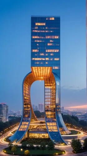 an impressive architectural design of a futuristic building, possibly inspired by the form of a peeled banana. The building features sweeping, curved structures that resemble the elegant, elongated pe