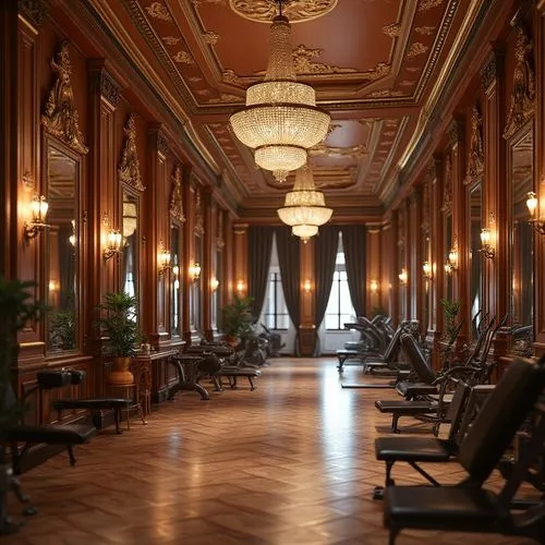 fitness room,royal interior,salon,ballroom,parlor,enfilade,ornate room,hallway,grand hotel europe,chambres,ritzau,salle,fitness center,corridor,residenz,saloon,hotel hall,chateau margaux,orsay,driehaus,Photography,General,Realistic