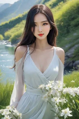 realistic rich colors, side view, green mountains, very beautiful charming Chinese woman in white, in a blue river, beautiful expressive eyes, beautiful thin lips, beautiful long hair, happy, white an