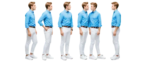 Repeated images, identical twins, mirror reflection, same posture, facing each other, similar facial expressions, identical outfits, blue shirts, white pants, sneakers, symmetrical composition, centra